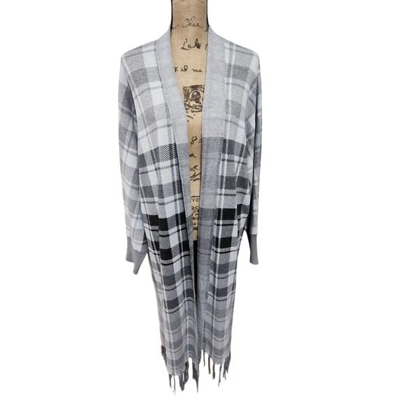 RACHEL Zoe grey black‎ white plaid fringe maxi cardigan sweater plus size 1X new - Picture 1 of 9